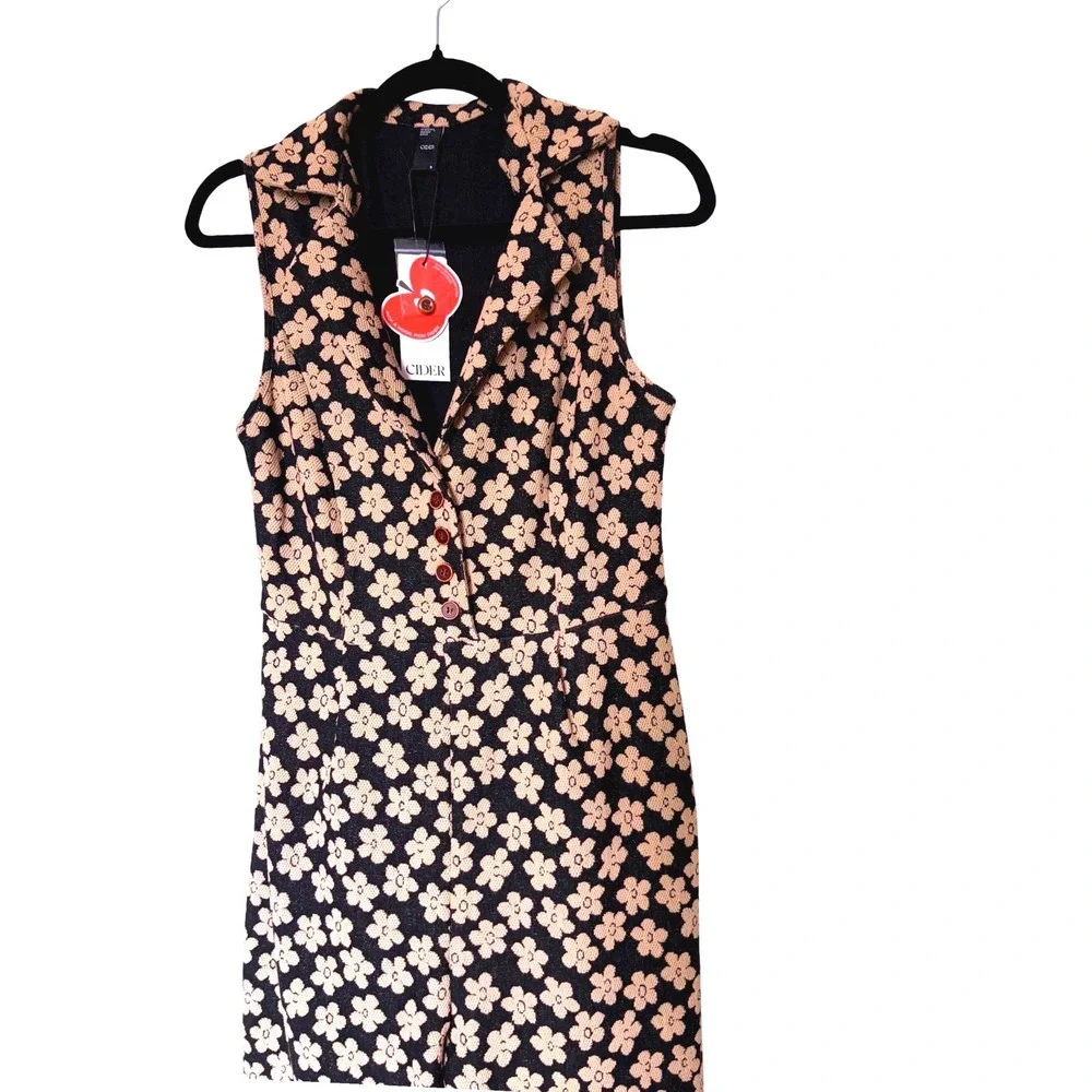 NWT Cider Womens Floral Wide Leg Jumpsuit Sleeveless Button Front Black Tan SZ S - Picture 2 of 7